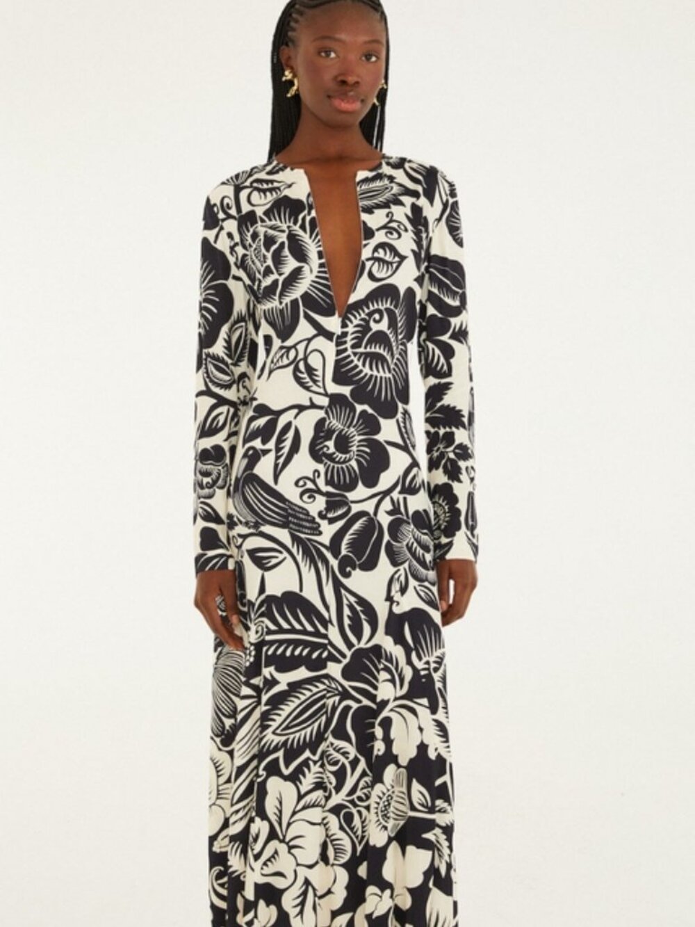 FARM Rio Cashews and Birds Maxi Dress Long Sleeves Size M White Black - Picture 3 of 4